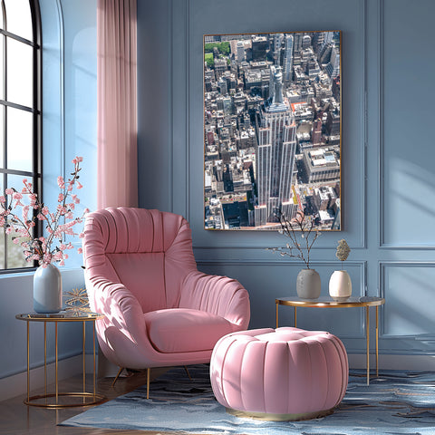 The Empire State Building in New York City by Helicopter. Framed acrylic photo, unframed photo for sale and free shipping