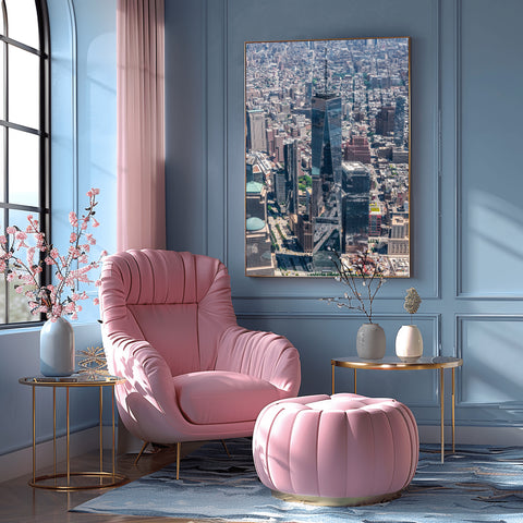 One World Trade by Helicopter, New York. Framed acrylic photo, unframed photo for sale and free shipping in USA