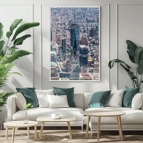 One World Trade by Helicopter, New York. Framed acrylic photo, unframed photo for sale and free shipping in the USA