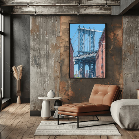 The Empire State Building, Manhattan Bridge in Brooklyn. Framed acrylic photo, unframed photo for sale, free shipping USA.