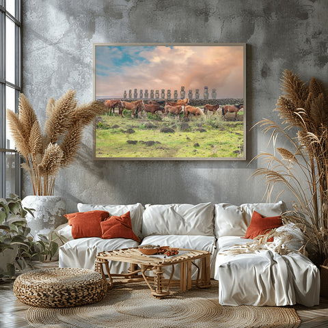Horses on Easter Island, Chile. Framed acrylic photo and unframed photo for sale with free shipping in the US