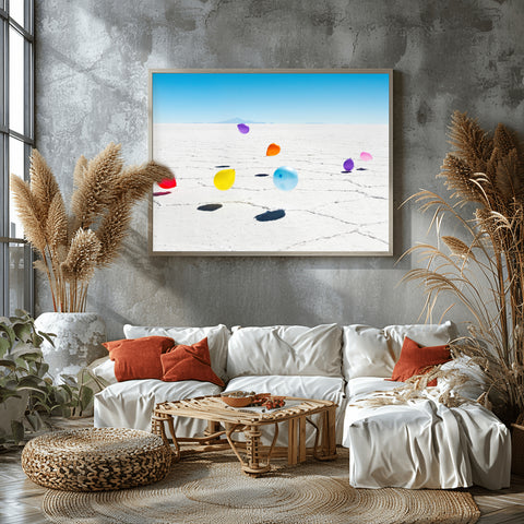 Uyuni Balloons on Salt Flats of Bolivia.  Framed acrylic photo and unframed photo for sale with free shipping in the US.