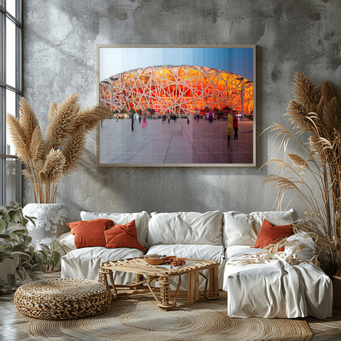 Time Slice Birds Nest Beijing, China. Framed acrylic photograph, unframed photo for sale and free shipping in the USA