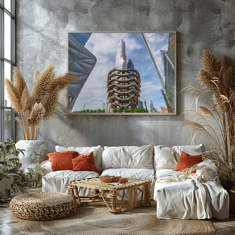 Hudson Yards, NYC, the Vessel, Skyscrapers. Framed acrylic photo, unframed photo for sale, free shipping in the US.