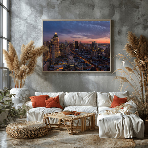 Sunset over the West Side of Manhattan, New York. Framed acrylic photo, unframed photo for sale, free shipping in the US.