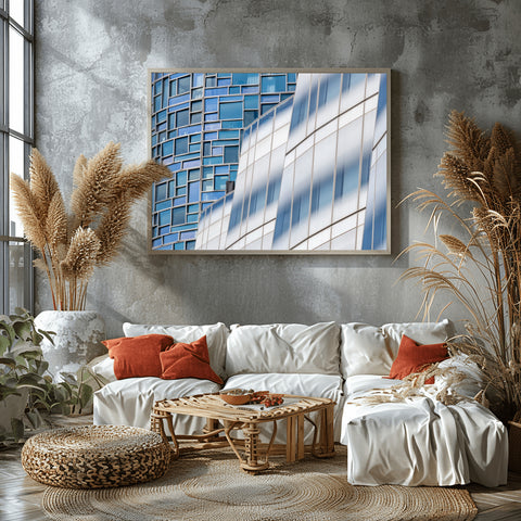 Chelsea Glass Buildings, New York. Framed acrylic photo, unframed photo for sale with free shipping in the US
