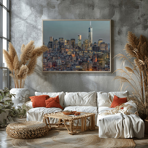 Downtown Skyline Dusk XII, New York City. Framed acrylic photo, unframed photo for sale, free shipping in US