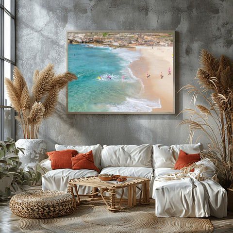 Tilt Shift Bondi Swimmers, Sydney, Australia. Framed acrylic photograph, unframed photo for sale, free shipping in the USA