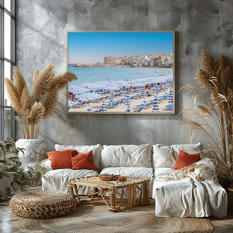 Cefalu Beach Umbrellas, Sicily, Italy. Framed photos in acrylic, unframed photo for sale. Free shipping in the US