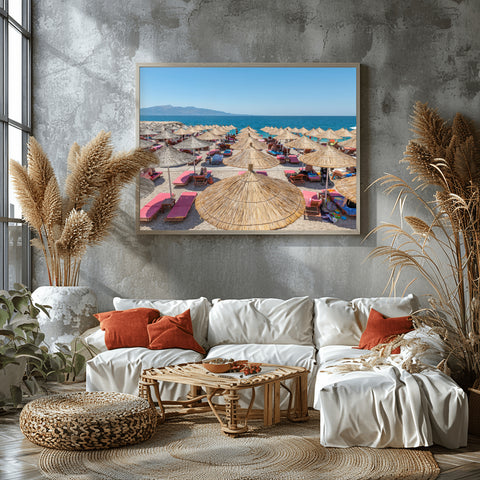 Mango Beach Bamboo Umbrellas in Sarande, Albania. Framed acrylic photo, unframed photo for sale and  free shipping in the US.