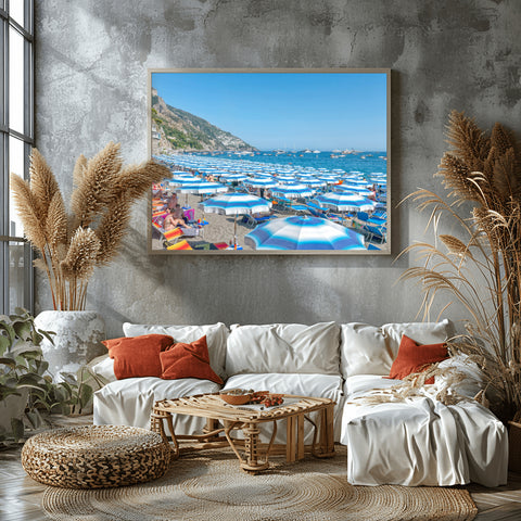 Positano Beach Umbrellas. Framed acrylic photo or unframed photograph for sale and free shipping in the US
