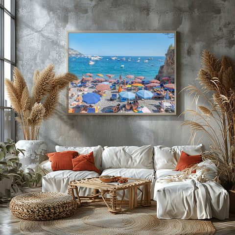 Positano Hidden Beach, Italy. Framed acrylic photo or unframed photograph for sale and free shipping in the USA.