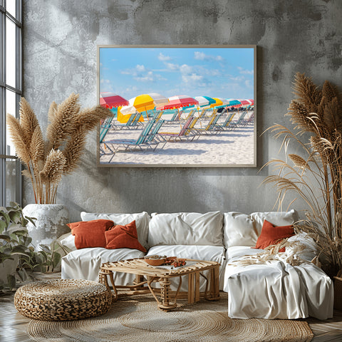 South Beach Miami Colorful Umbrellas. Framed acrylic photo or unframed photograph for sale and free shipping in the US