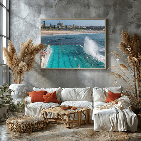 Waves Splashing on Iceberg Club, Bondi Beach. Framed acrylic photo, unframed photograph for sale,  free shipping  in USA.