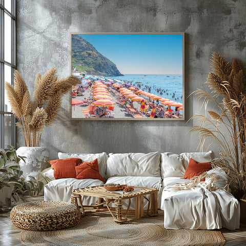 Spiaggia dei Maronti Orange Umbrellas, Italy. Framed acrylic photo, unframed photograph for sale, free shipping in the USA.