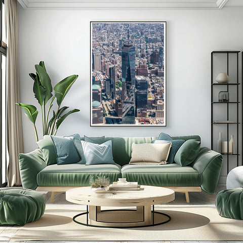One World Trade by Helicopter, New York. Framed acrylic photo, unframed photo for sale and free shipping in US