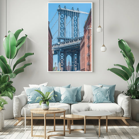 The Empire State Building, Manhattan Bridge in Brooklyn. Framed acrylic photo, unframed photo for sale, free shipping US.