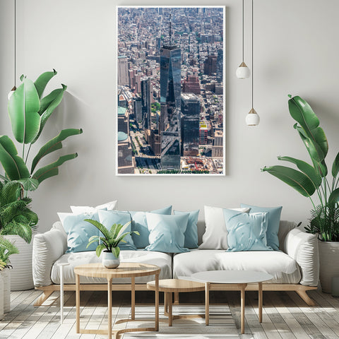 One World Trade by Helicopter, New York. Framed acrylic photo, unframed photo for sale, free shipping in USA.