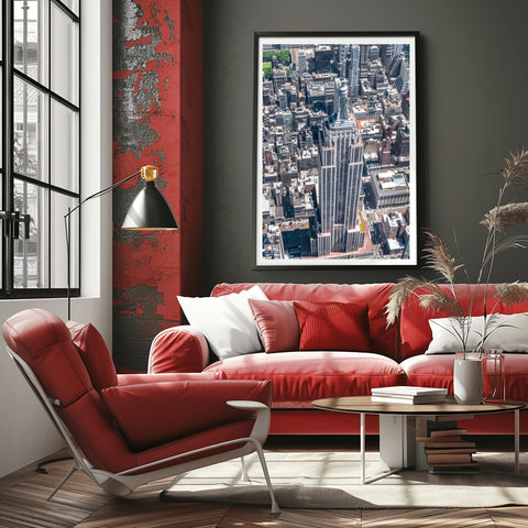 The Empire State Building in New York City by Helicopter. Framed photo, unframed photo for sale and free shipping in USA.