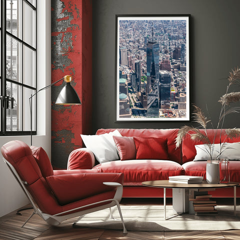 One World Trade by Helicopter, New York. Framed acrylic photo, unframed photo for sale, free shipping in USA