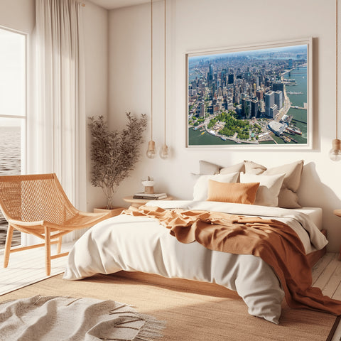 Downtown New York City by Helicopter. Framed acrylic photo, unframed photo for sale and free shipping in the USA.