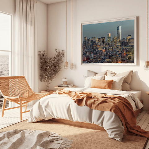 Downtown Skyline Dusk XII, New York City. Framed acrylic photo, unframed photo for sale, free shipping in USA.