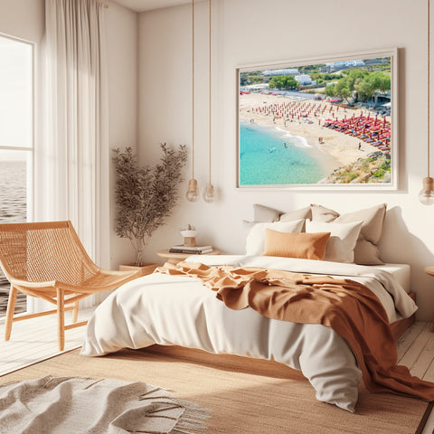 Tilt Shift Super Paradise Beach, Mykonos, Greece. Framed acrylic photograph, unframed photos for sale, free shipping USA.