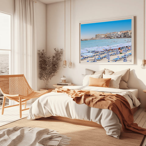 Cefalu Beach Umbrellas, Sicily, Italy. Framed photo in acrylic, unframed photo for sale. Free shipping in the USA.