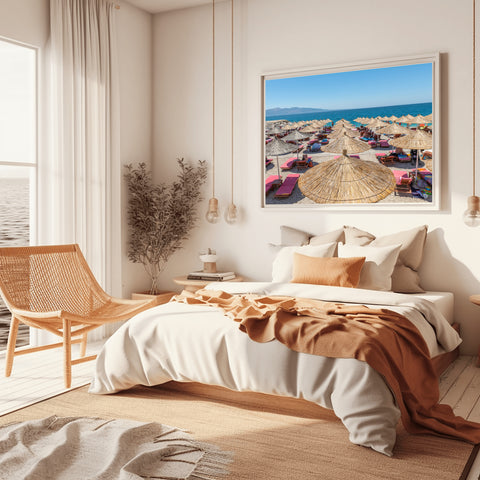 Mango Beach Bamboo Umbrellas in Sarande, Albania. Framed acrylic photo, unframed photo for sale and  free shipping in the USA