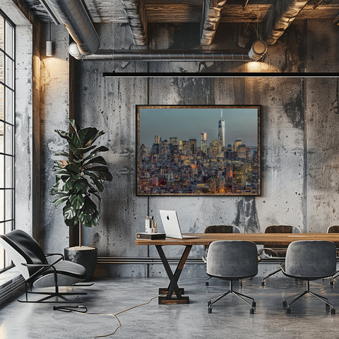 Downtown Skyline Dusk XII, New York City. Framed acrylic photo, unframed photo for sale, free shipping in USA