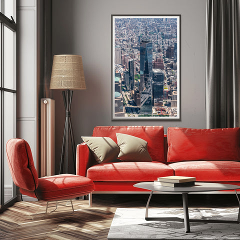 One World Trade by Helicopter, New York. Framed acrylic photo, unframed photo for sale and free shipping in the US.
