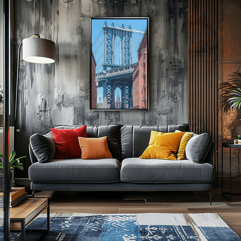 The Empire State Building, Manhattan Bridge in Brooklyn. Framed acrylic photo, unframed photo for sale, free shipping in US