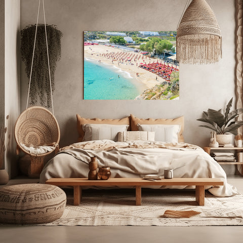 Tilt Shift Super Paradise Beach, Mykonos, Greece. Framed acrylic photograph, unframed photos for sale, free shipping US.