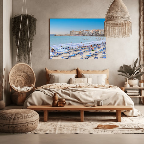 Cefalu Beach Umbrellas, Sicily, Italy. Framed photo in acrylic, unframed photo for sale. Free shipping in the US.