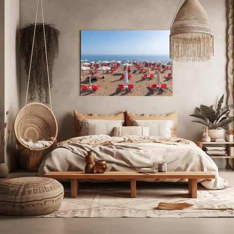 Kontogialos Beach White Umbrellas, Corfu, Greece. Framed acrylic photo, unframed photograph for sale and free shipping in the US.