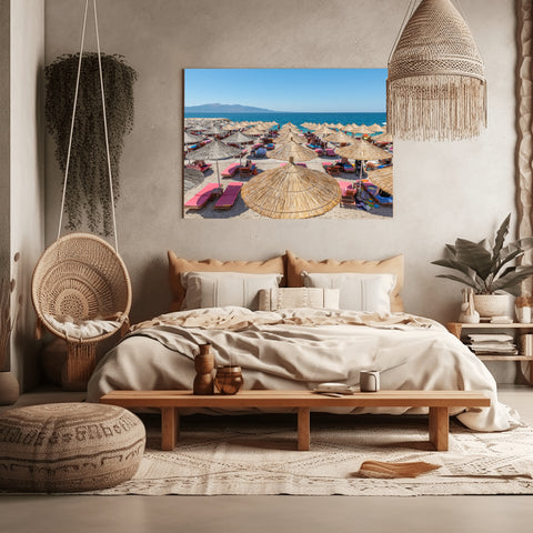 Mango Beach Bamboo Umbrellas in Sarande, Albania. Framed acrylic photo, unframed photo for sale, free shipping in the US