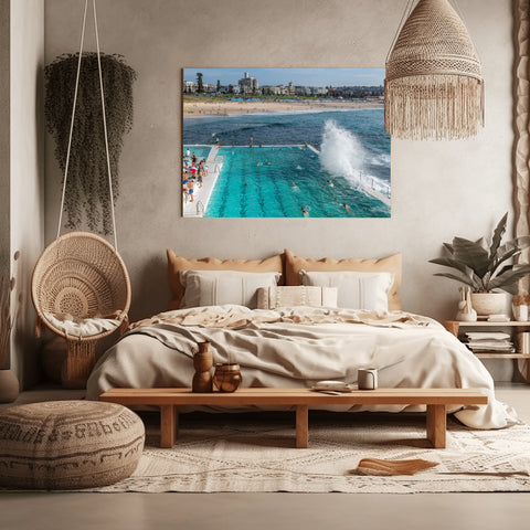 Waves Splashing on Iceberg Club, Bondi Beach. Framed acrylic photo, unframed photograph for sale,  free shipping  in USA