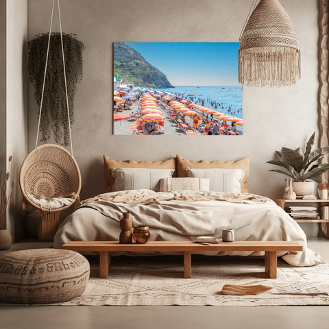Spiaggia dei Maronti Orange Umbrellas, Italy. Framed acrylic photo, unframed photograph for sale, free shipping in the USA