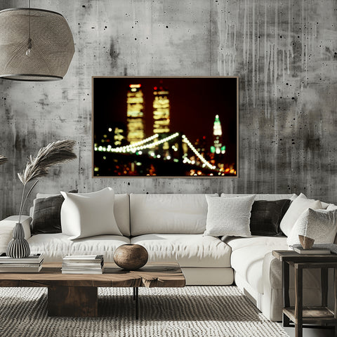 Twin Towers Blur of Downtown New York, 1990's.Framed acrylic photo, unframed photo for sale and free shipping in the US.
