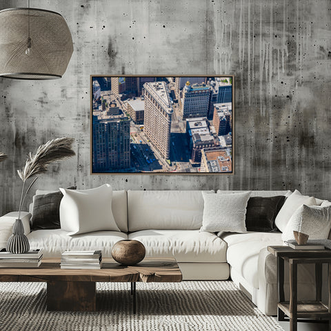 Flatiron Building from Above, in Helicopter. Framed acrylic photo, unframed photo for sale and free shipping in the US.