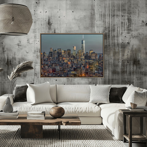 Downtown Skyline Dusk XII, New York City. Framed acrylic photo, unframed photo for sale, free shipping in the US.