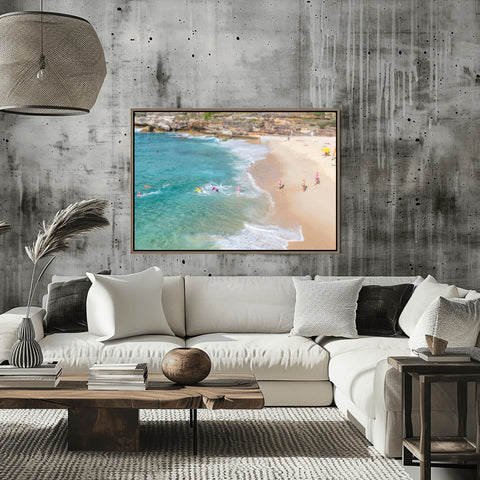 Tilt Shift Bondi Swimmers, Sydney, Australia. Framed acrylic photograph, unframed photo for sale, free shipping in US
