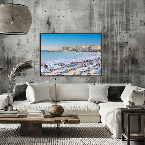 Cefalu Beach Umbrellas, Sicily, Italy. Framed photographs in acrylic, unframed photo for sale. Free shipping in the USA.
