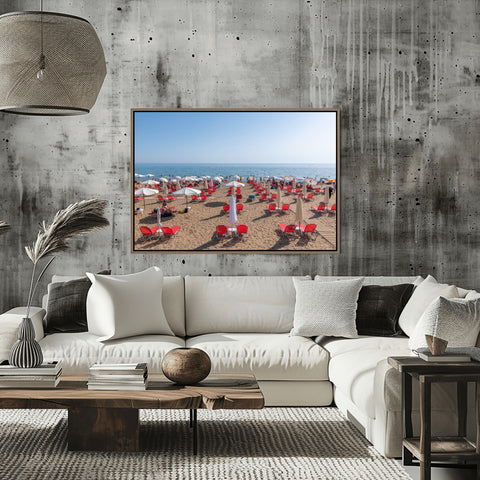 Kontogialos Beach White Umbrellas, Corfu, Greece. Framed acrylic photo, unframed photograph for sale with free shipping in the US.