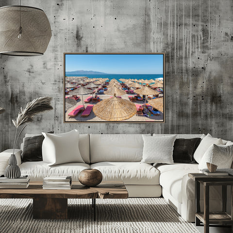 Mango Beach Bamboo Umbrellas in Sarande, Albania. Framed acrylic photo, unframed photo for sale, free shipping in the US.