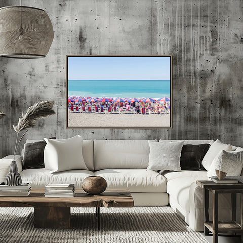 Paolo Red and Blue Beach Umbrellas, Calabria, Italy. Framed acrylic photo, unframed photo for sale, free shipping in the US.