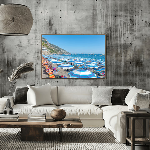 Positano Beach Umbrellas. Framed acrylic photo or unframed photograph for sale with free shipping in the US.