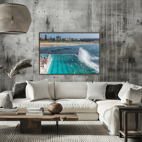 Waves Splashing on Iceberg Club, Bondi Beach. Framed acrylic photo, unframed photograph for sale,  free shipping  in US