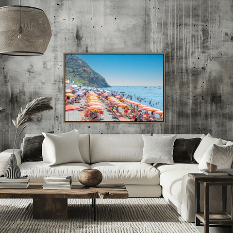 Spiaggia dei Maronti Orange Umbrellas, Italy. Framed acrylic photo or unframed photograph for sale, free shipping in the US