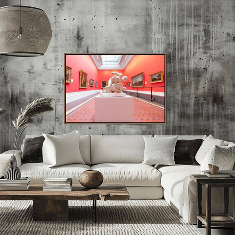Interior photography of a gallery room in the National Gallery of Ireland, featuring red walls, a white marble statue, and framed paintings.